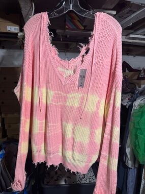 Forever 21 Pink and Yellow Distressed Off-the-Shoulder Sweater